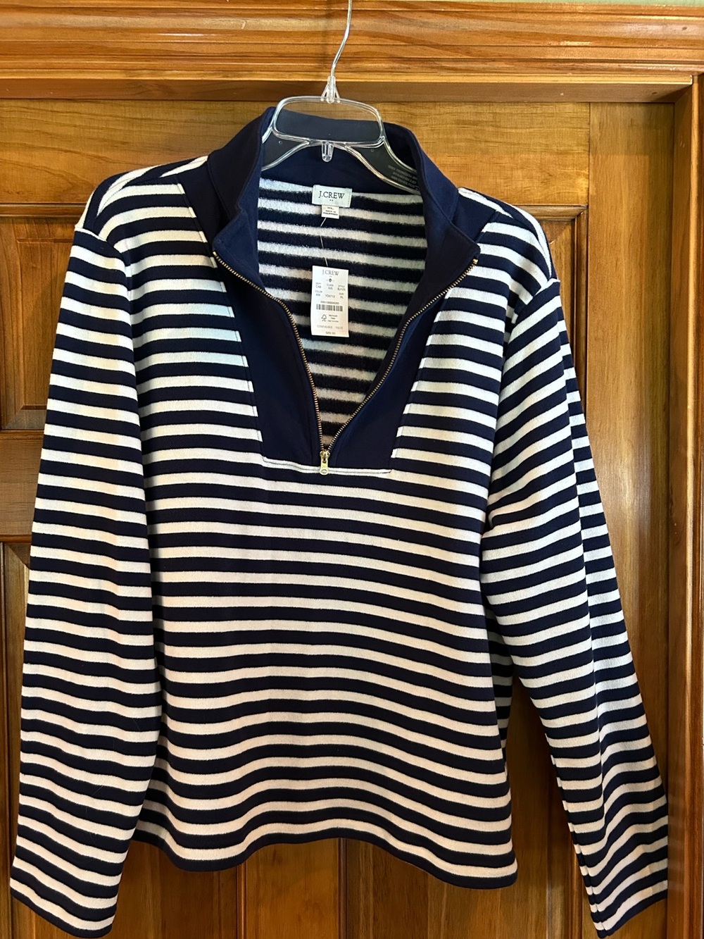 J. Crew Navy and White Striped Half-Zip Long Sleeve Tee